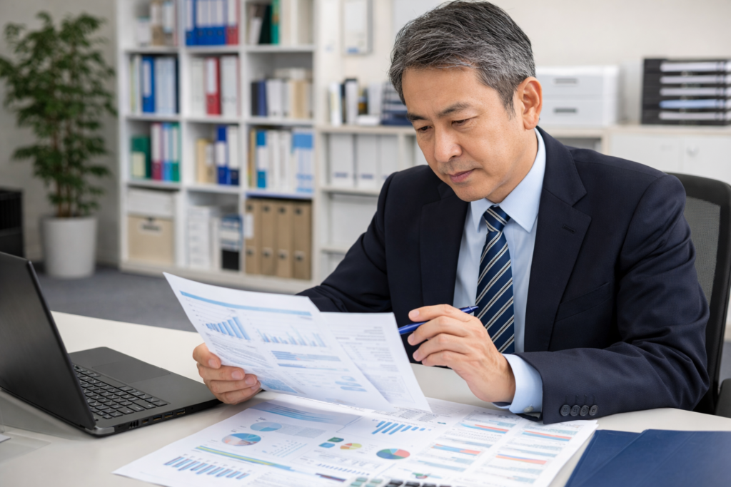 不動産管理の専門家(50代男性)が、オフィスのデスクに座り、書類の内容を分析している様子